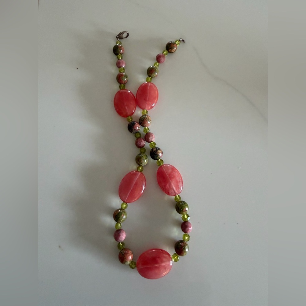 Precious Stone Necklace Coral and Green